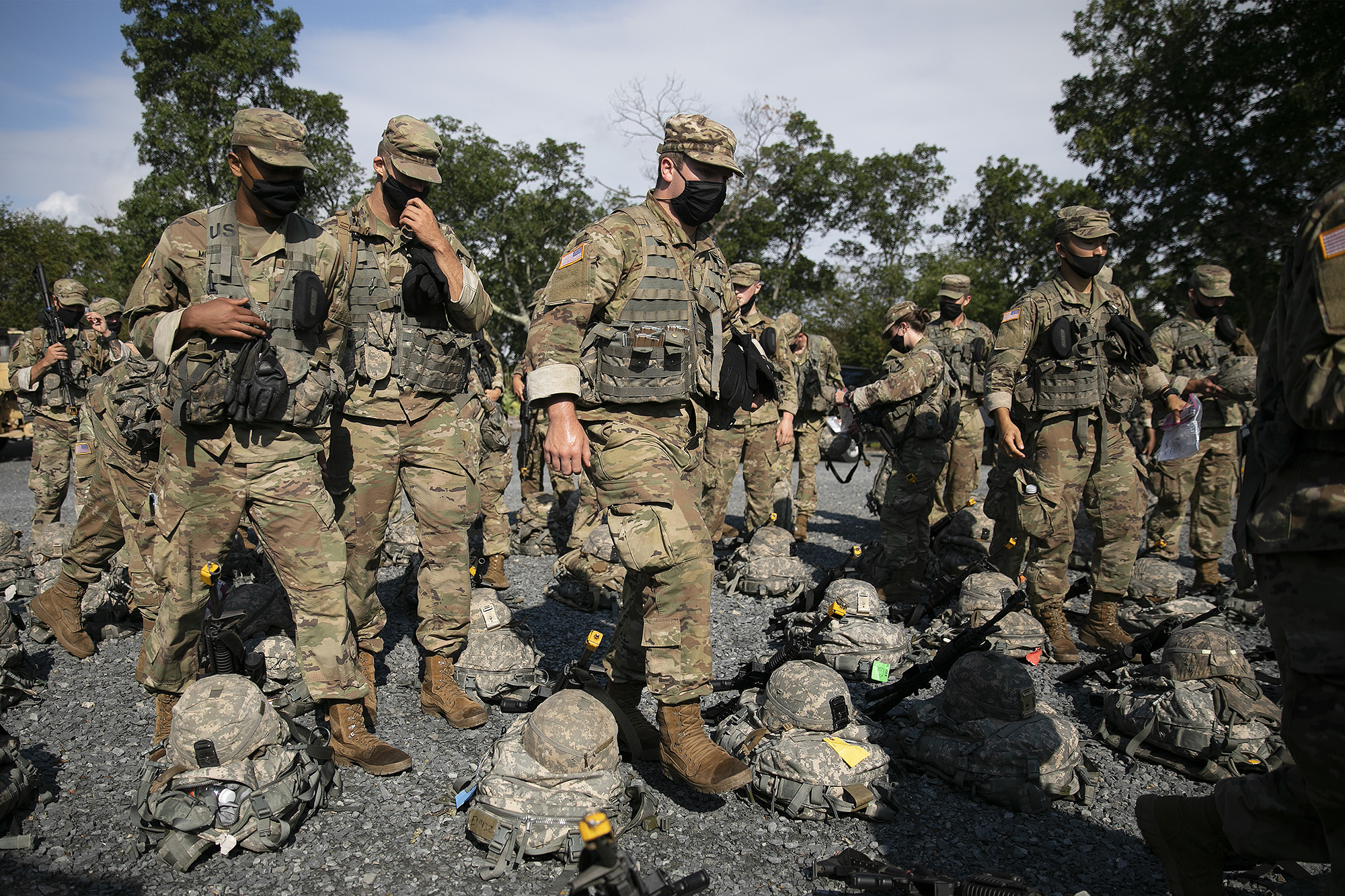 Cadets wear masks during training, Friday, Aug. 7, 2020, in West Point, N.Y.