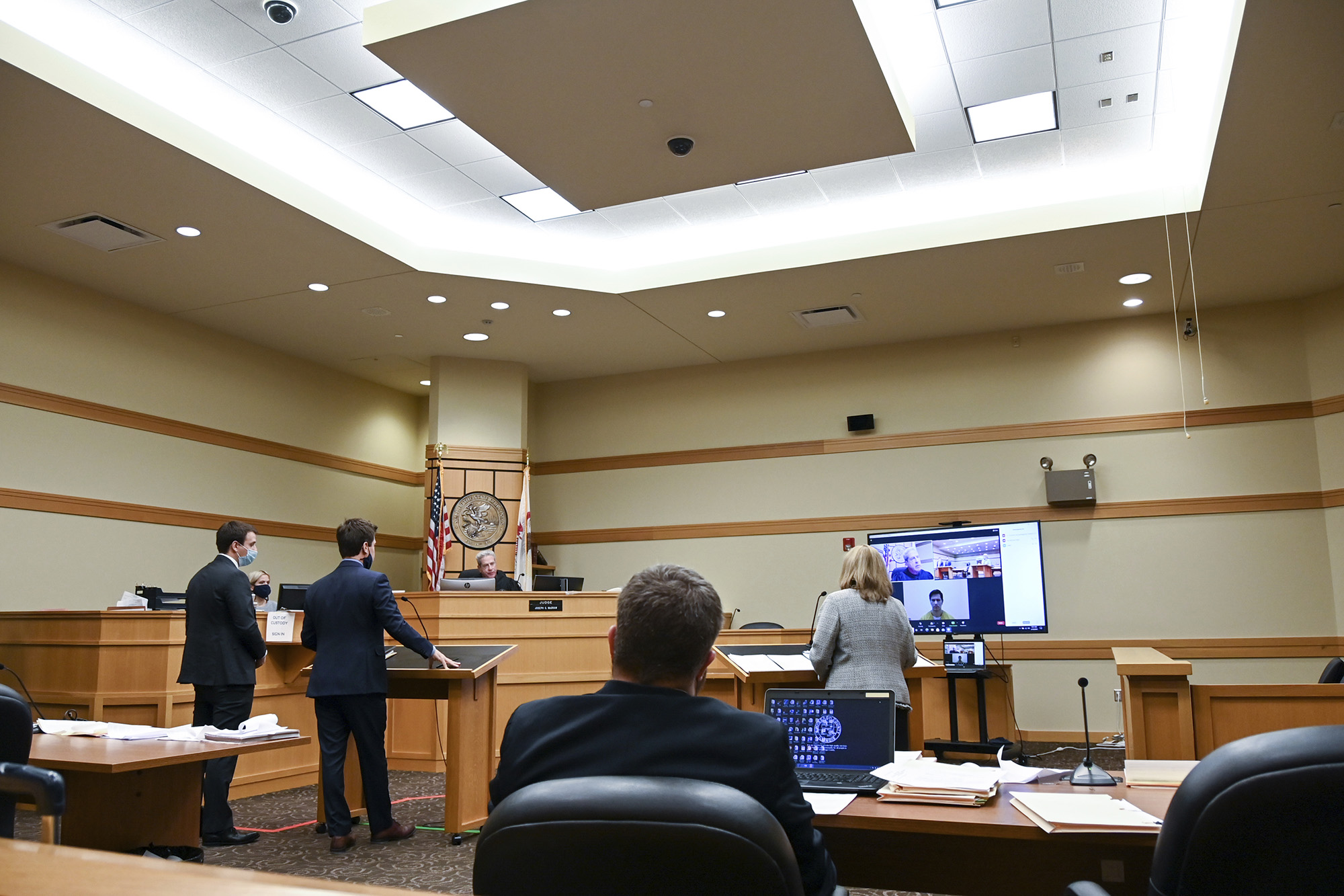 Duke Webb, appears via video at a court arraignment at Winnebago County Justice Center on Feb. 19, 2021, in Rockford, Ill.
